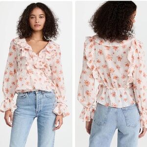 Free People Amanda Ruffle Floral Wrap Top Sz Large Orange Floral Cottagecore